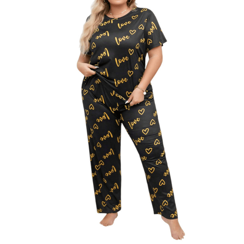 Ensemble de pyjama femme grande taille à manches courtes et pantalon long, col rond et lettre cœur