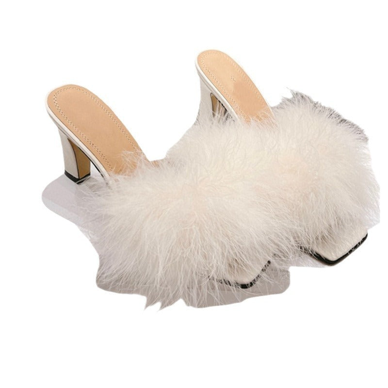102.44 USD chaussons à talons hauts en fourrure et poil de chameau, bout ouvert, talon épais, demi-chaussons en fourrure
