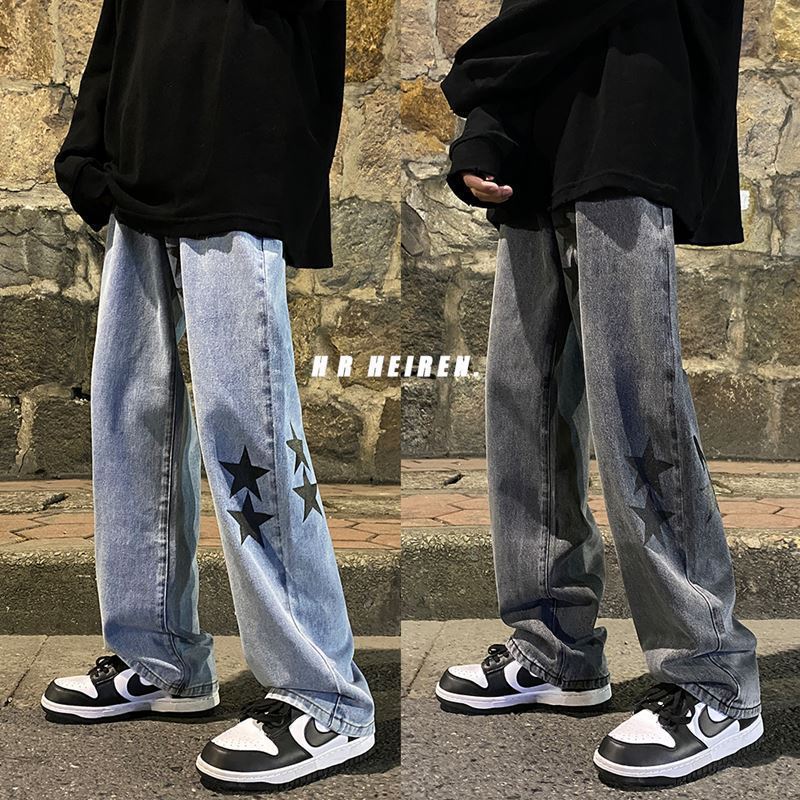 Pantalon Vibe tendance européen et américain, jean gris fumé à pentagramme, coupe ample, jambes droites, style automne-hiver.