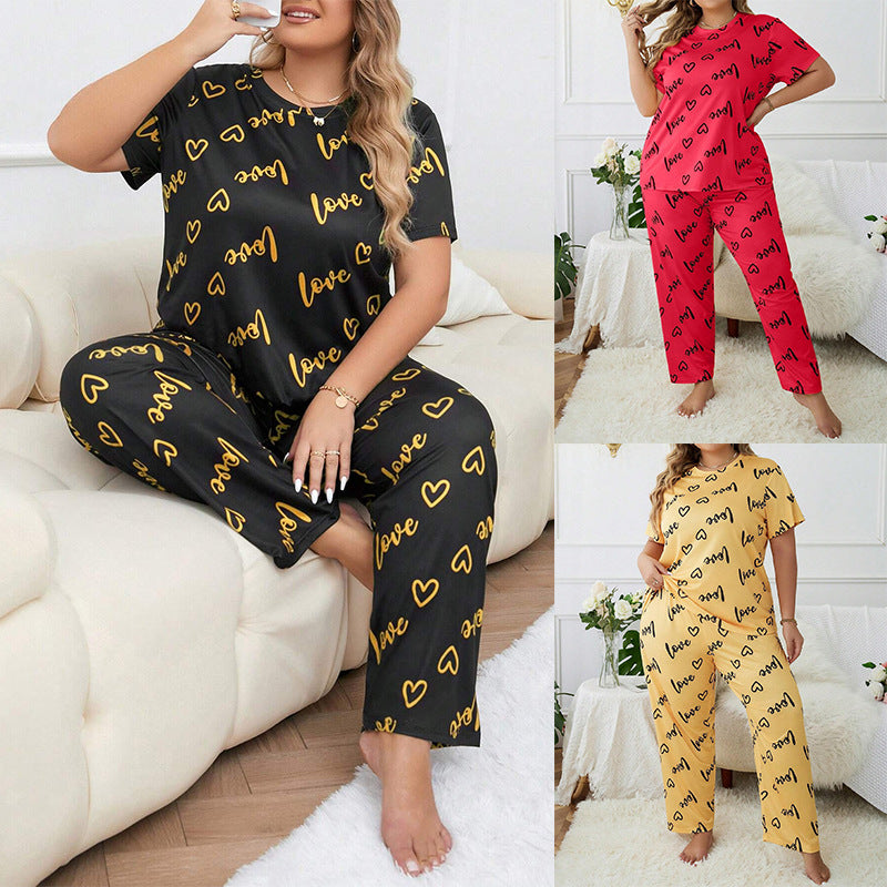 Ensemble de pyjama femme grande taille à manches courtes et pantalon long, col rond et lettre cœur