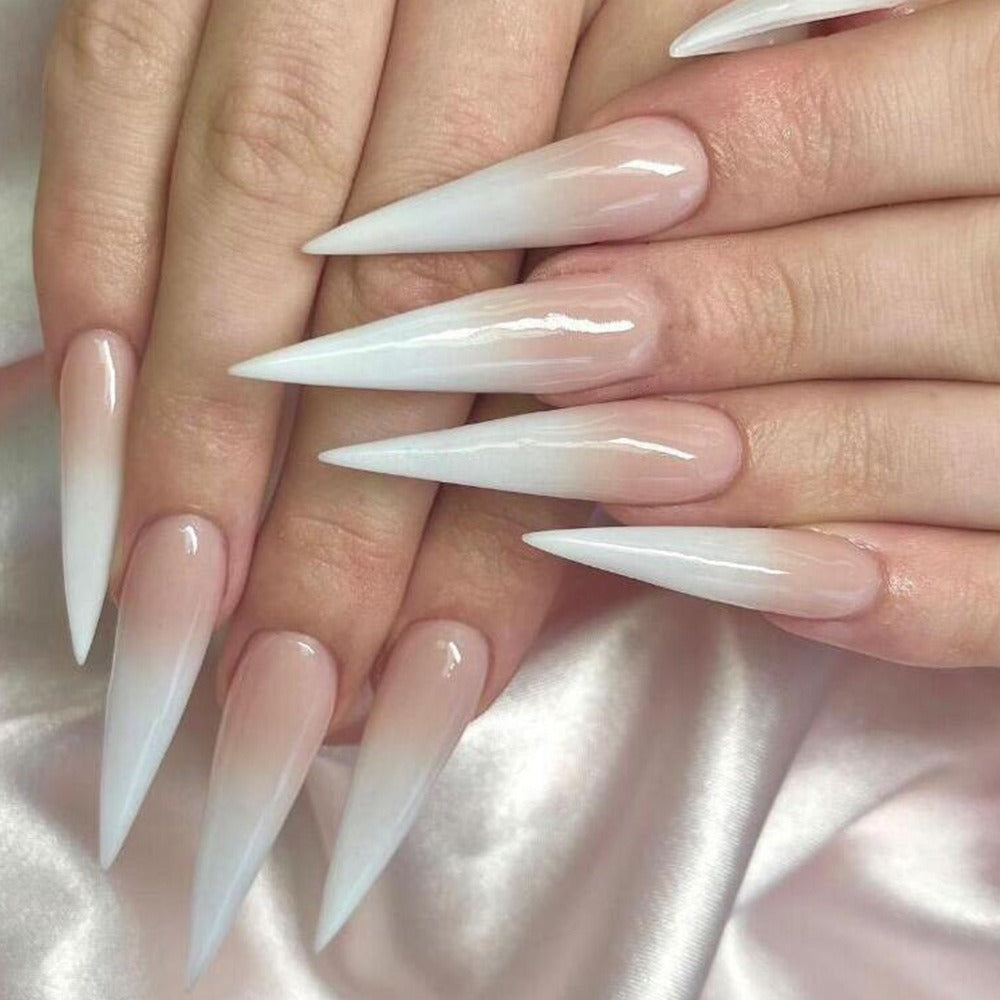 Long raindrop-shaped manicure, milky white powder gradient, high-end wearable nail patch