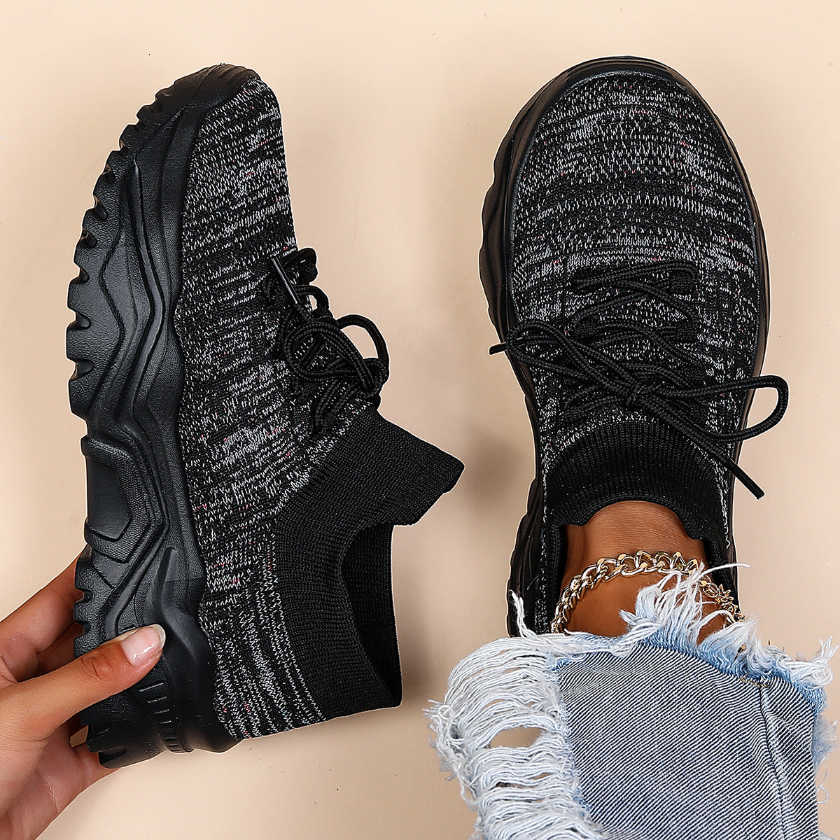 Women's Sports Shoes Breathable Fly Woven Socks Shoes Lazy People One-Step Comfortable Shoes