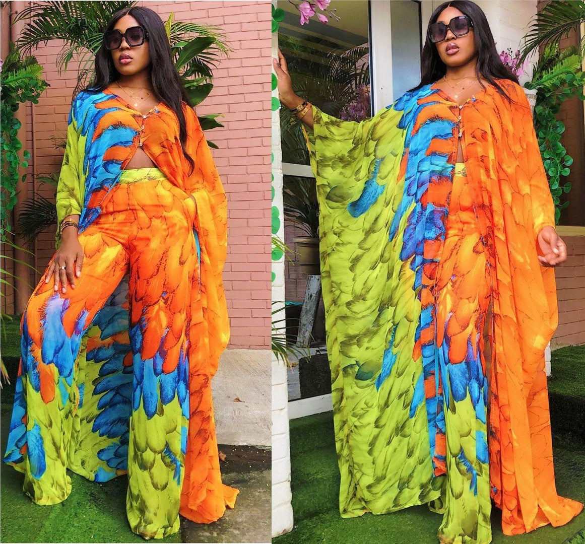 Ensemble deux pièces : cardigan en mousseline et pantalon ample (style robe africaine)