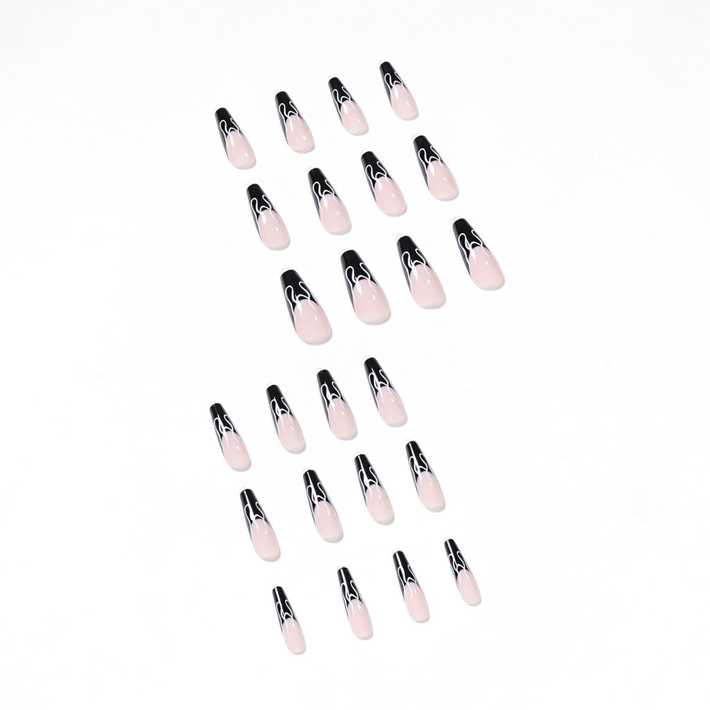 Black French Flame Effect False Nails, Nail Patches, Fake Nails
