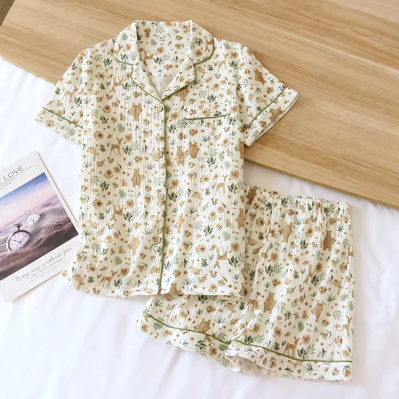 Ensemble de pyjama 2 pièces pour femme (été) – 100 % coton (gaze) – Manches courtes, imprimé floral – Vêtement d'intérieur / Tenue de nuit