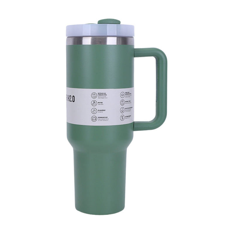 Gobelet isotherme de 1,2 L avec paille, poignée et couvercle – Acier inoxydable, boissons chaudes et froides, compatible avec les porte-gobelets de voiture