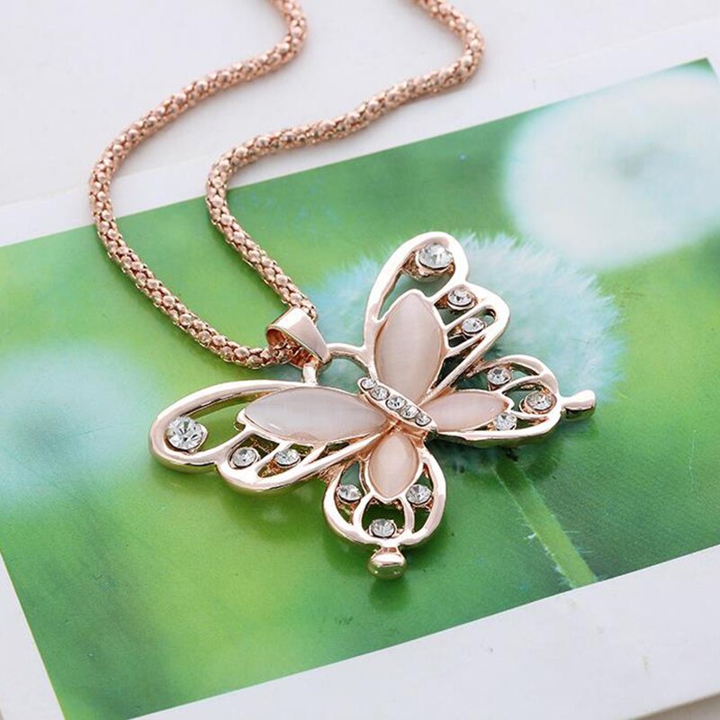 Collier exquis pour femme avec pendentif papillon en or rose et opale, chaîne de pull, bijou