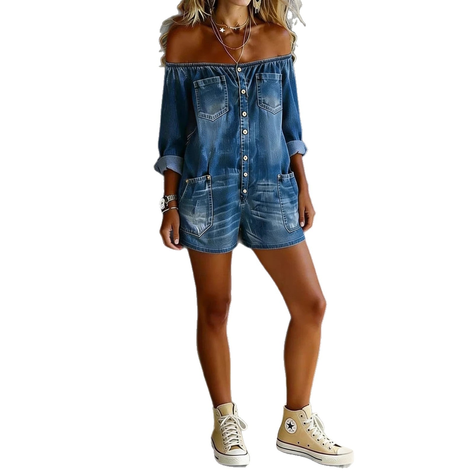 Combinaison en jean délavé ample à manches longues et épaules dénudées, style vintage, pour femme