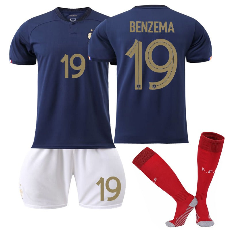 Ensemble de maillots domicile Coupe du Monde n° 10 Mbappé, 19 Benzema, 11 Dembélé, 9 Giroud