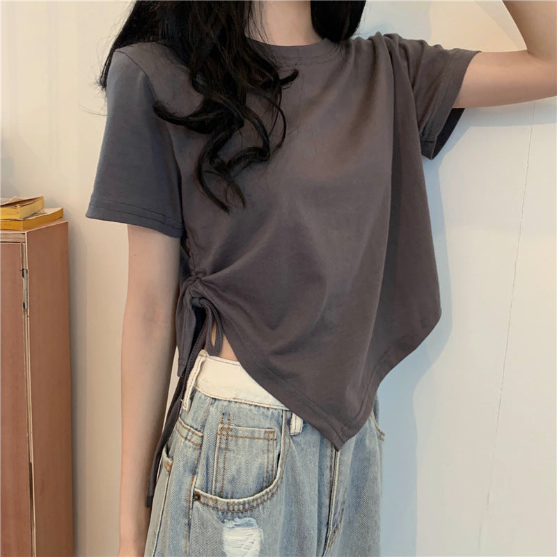 Women's Irregular Drawstring Short-Sleeved Crop Top, Casual Streetwear Student Style.
