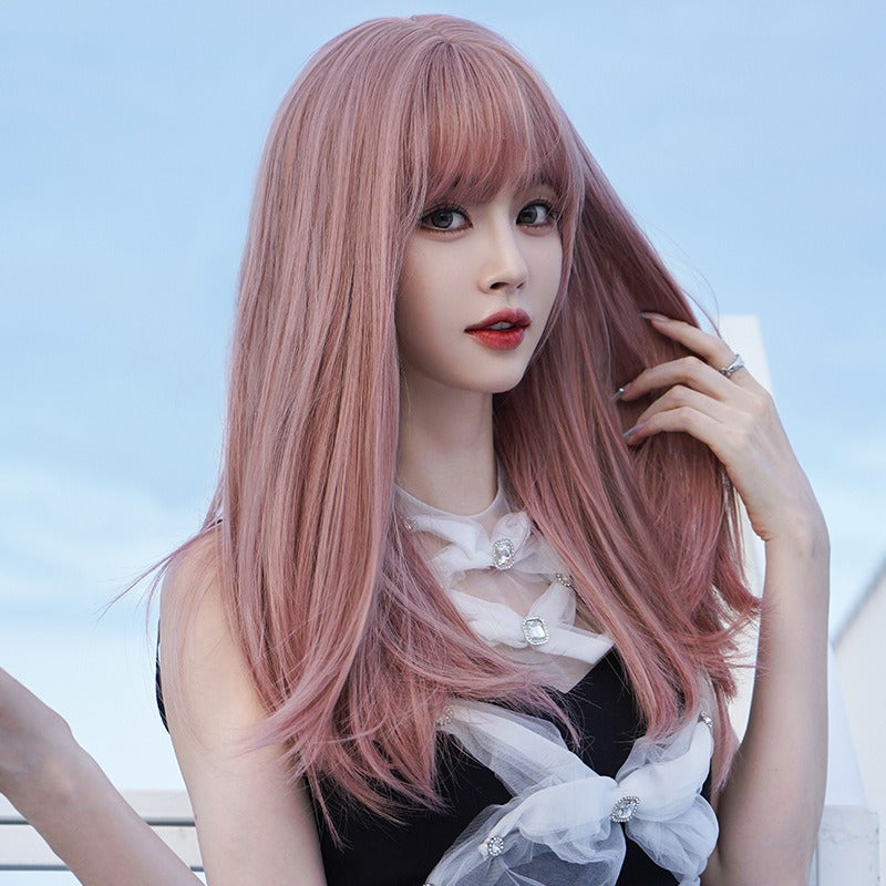 Perruque longue pour femme, ensemble complet, type filet, rouge, cheveux longs et lisses, frange aérée, perruque rose, perruque tendance