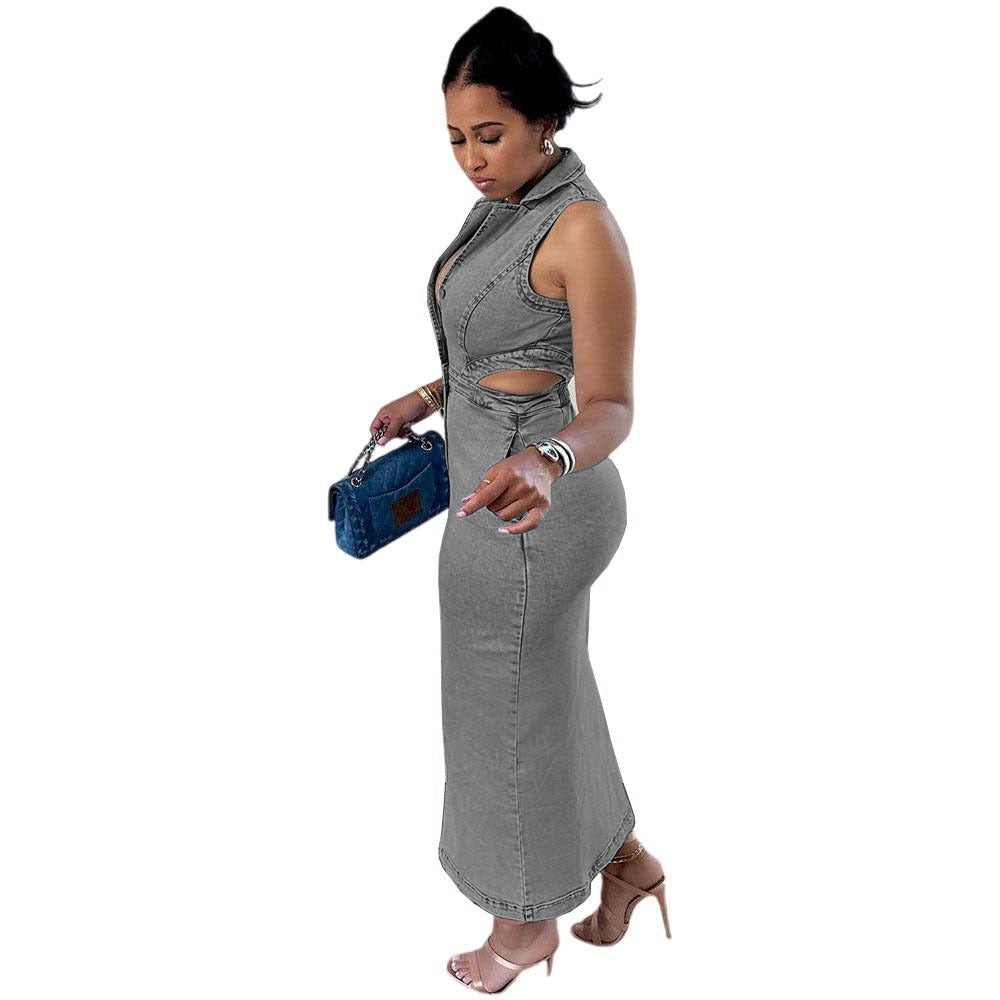 Robe longue sans manches à col élastique et boutonnage simple pour femme