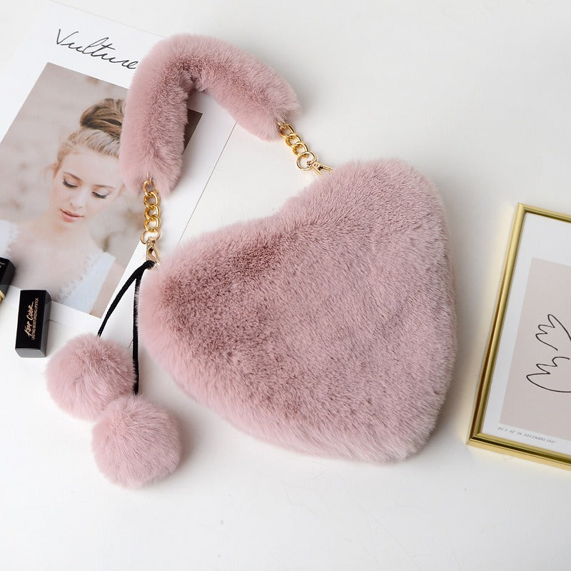 Women's Cyber Red Fashion Plush Heart-shaped Handbag, Slanted Style, with Hair Clip and Wallet.
