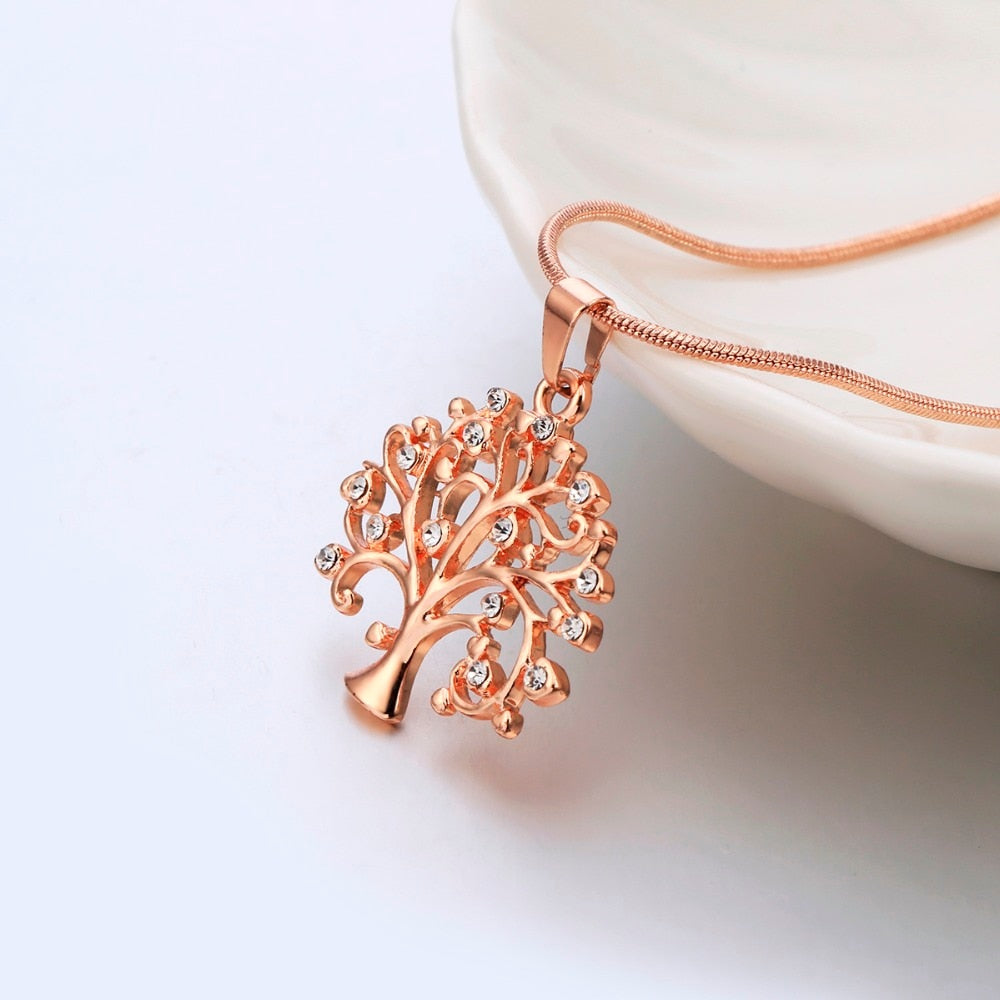 Collier pendentif Arbre de Vie, bijou femme tendance en cristal et or rose, collier tendance