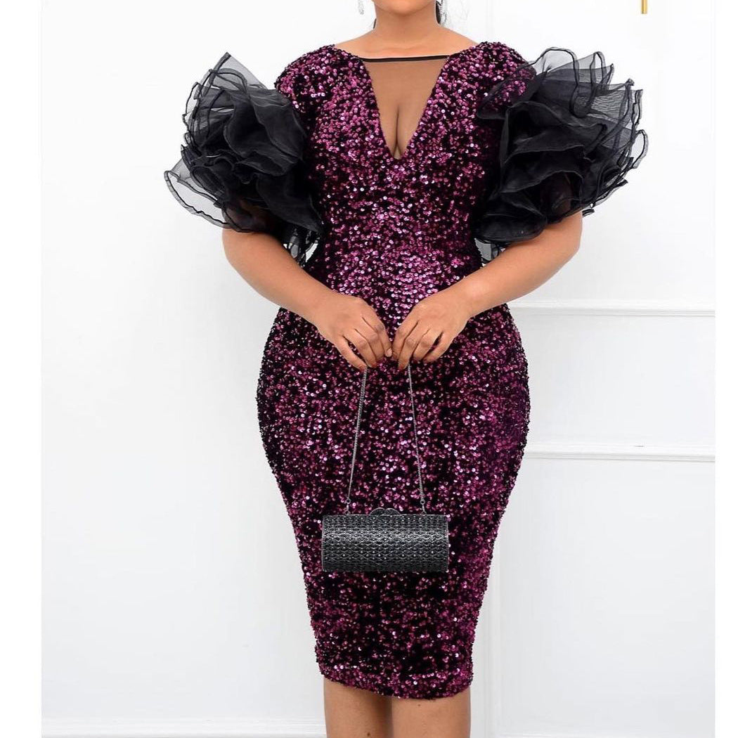 Robe de soirée africaine moulante en velours et résille à sequins
