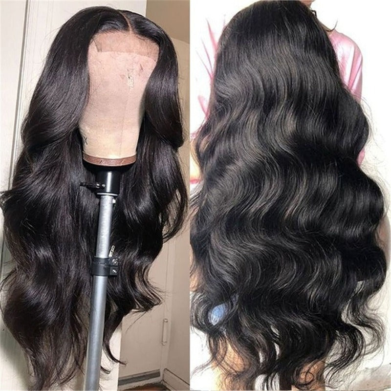 Perruque pour femme style européen/américain : longs cheveux bouclés noirs (type afro) avec raie au milieu et larges ondulations, en fibre synthétique (couverture complète)