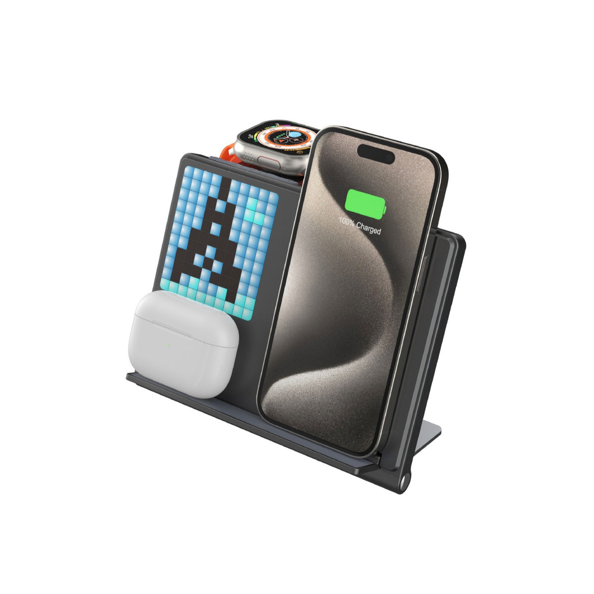 Trending product: 5-in-1 foldable wireless charging stand with pixel animation for smartphone, smartwatch, and earbuds.