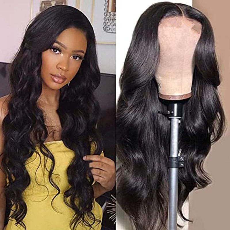 Perruque pour femme style européen/américain : longs cheveux bouclés noirs (type afro) avec raie au milieu et larges ondulations, en fibre synthétique (couverture complète)