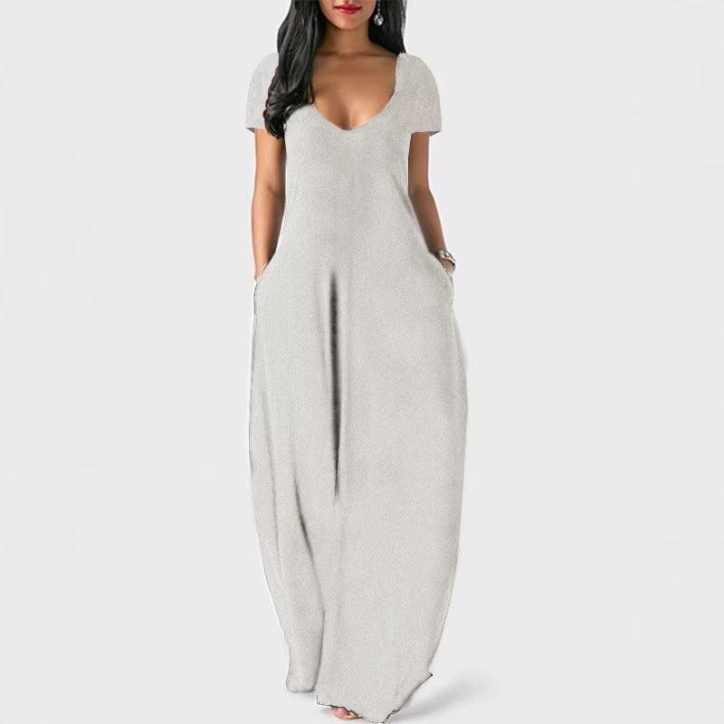 Robe d'été grande taille unie pour femme, sexy, décolleté plongeant en V, manches courtes, longue