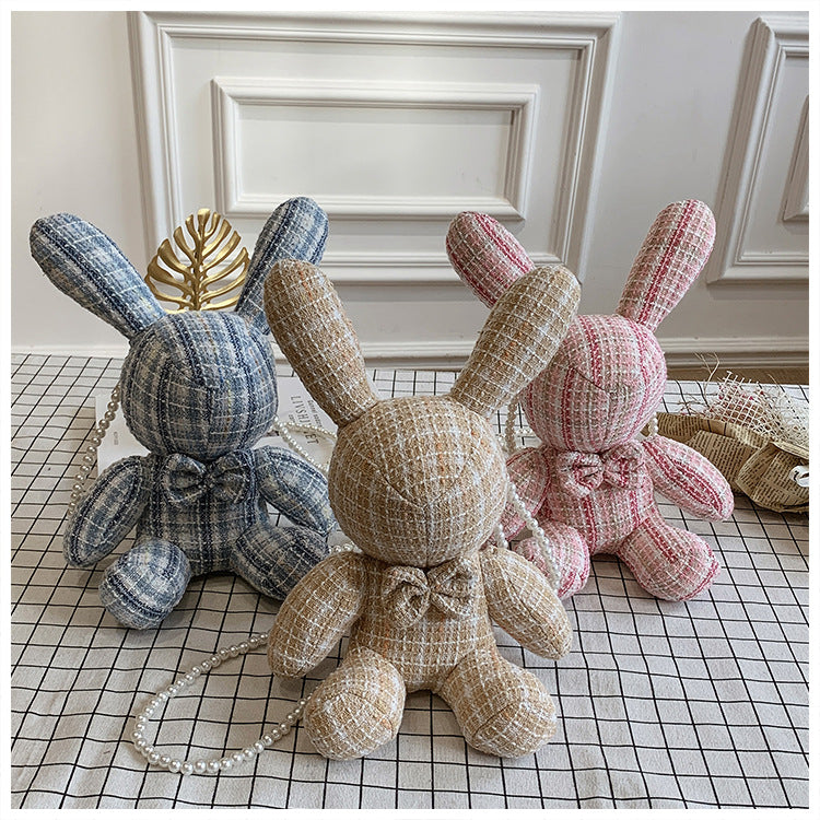 Cute Red Mesh Rabbit Handbag for Doll, Trendy Girl's Bag with Pearl Chain and Coin Purse
