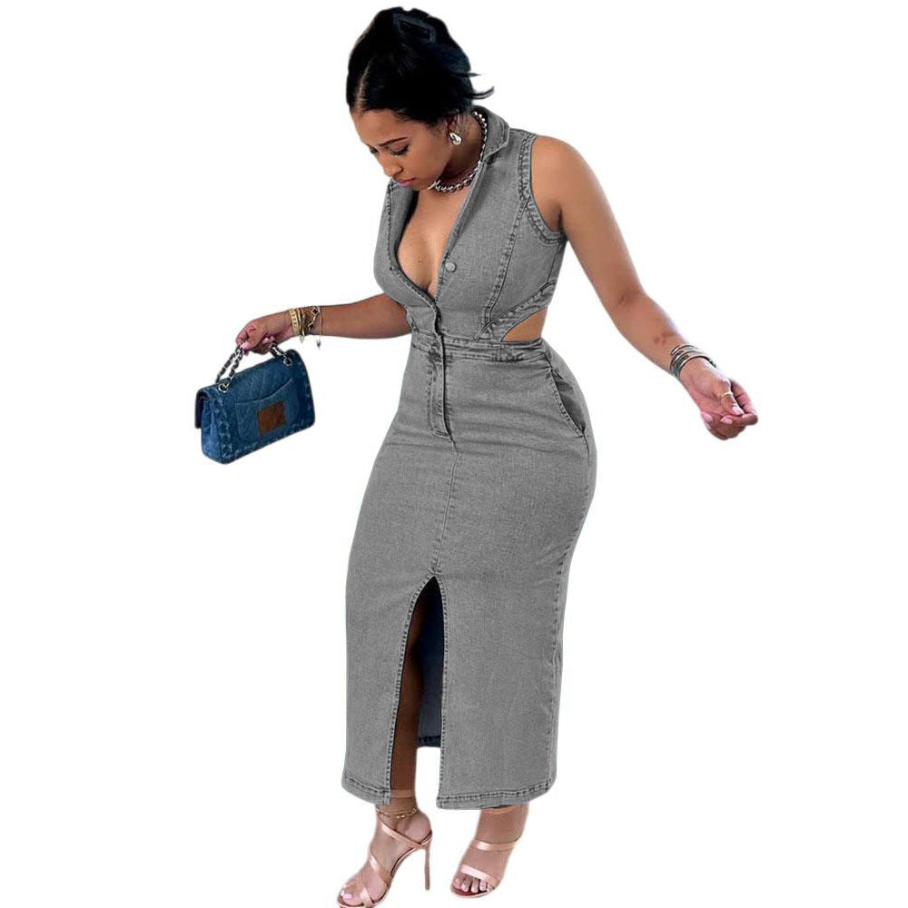 Robe longue sans manches à col élastique et boutonnage simple pour femme