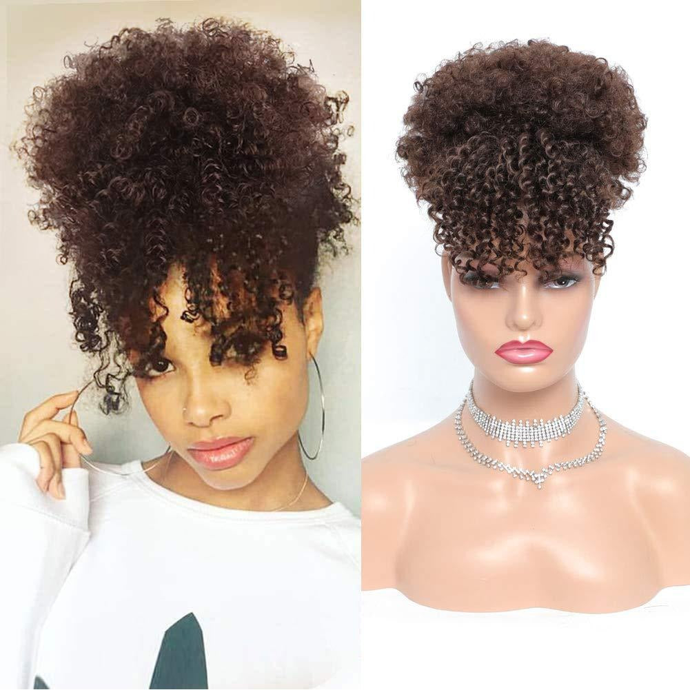 Trendy European/American hairstyle: voluminous bangs and small "pipe cleaner" curls for afro hair.