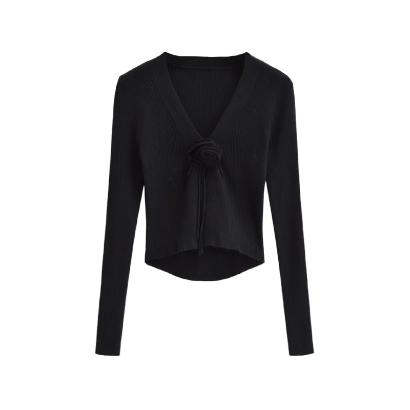 Spicy girl design V-neck chest rose long sleeved knitted sweater autumn new slim fit outerwear short cardigan top