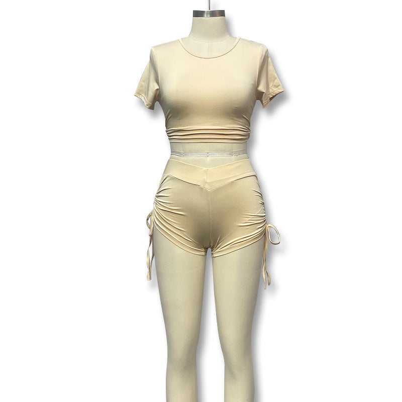 Ensemble short et haut court à manches courtes pour femme, deux pièces, style décontracté.