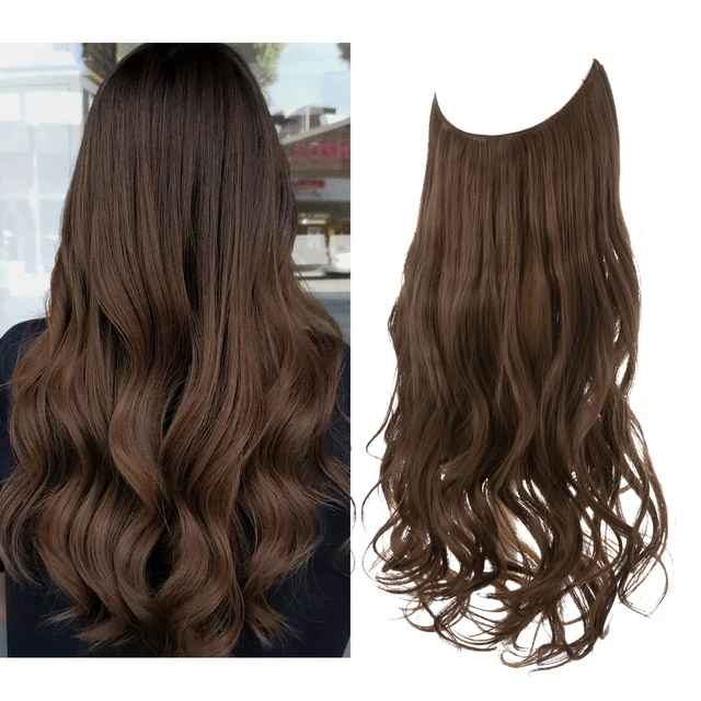Extension capillaire monobloc pour femme offrant un volume généreux ; modèle en forme de U avec fil invisible, pour une chevelure longue, bouclée et naturelle.