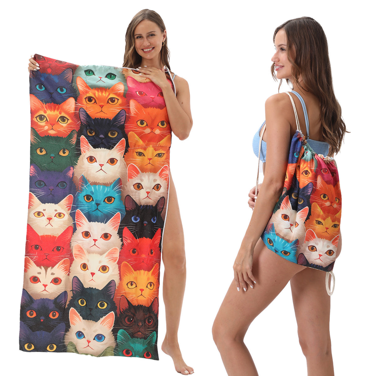 Serviette de plage pliable 2-en-1 et serviette de bain imprimée – Serviette de plage tout-en-un avec sac de rangement