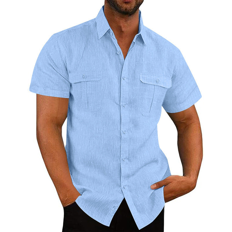 Chemise décontractée en lin à manches courtes pour homme, couleur unie, poche plaquée, ouverture boutonnée, coupe ample, col rabattu