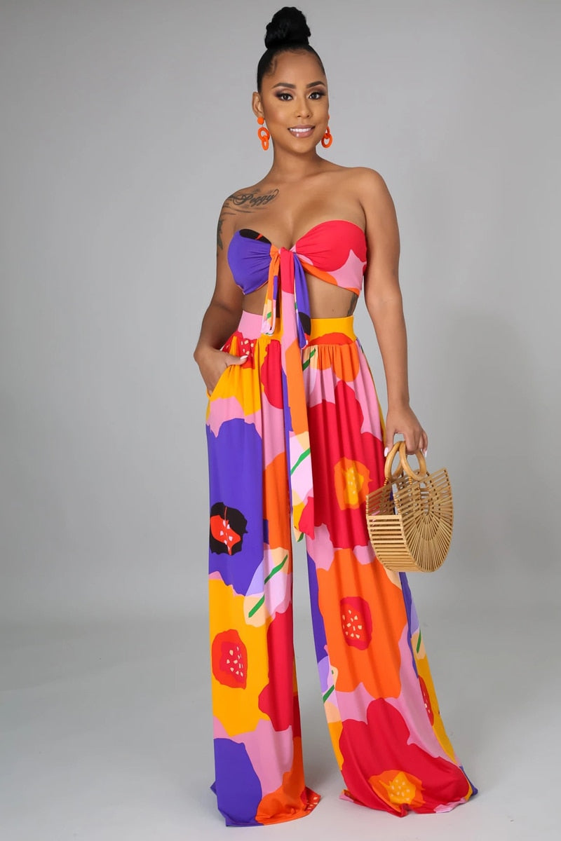 Vêtements pour Femmes Robe Longue Imprimée Florale Nouveau Haut Tube Élégant Décontracté Pantalon Col V Ensemble 2 Pièces Femme