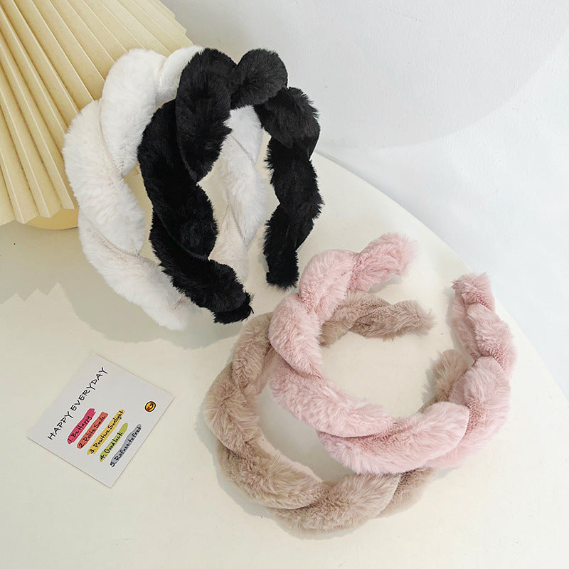 USD 15.72 - Faux Rabbit Fur Braided Headband, Cute Fluffy Solid Color Hair Accessory R526