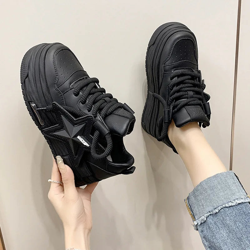 Women's Platform Sneakers, Casual Sports Shoes, Custom Star Design, Vulcanized, for Outdoor Running and Walking, Sizes 35-40.