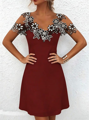 Women's V-Neck Patchwork Lace Off-Shoulder Dress