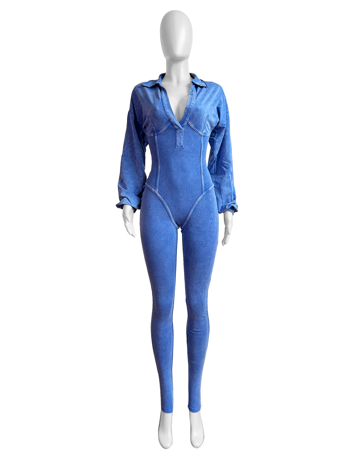 Combinaison tendance pour femme, style sexy à col en V profond, manches longues et effet délavé/vieilli, idéale pour l'automne et l'hiver.