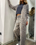 Ensemble deux pièces pour femme : veste cardigan à manches longues et pantalon long, motif léopard