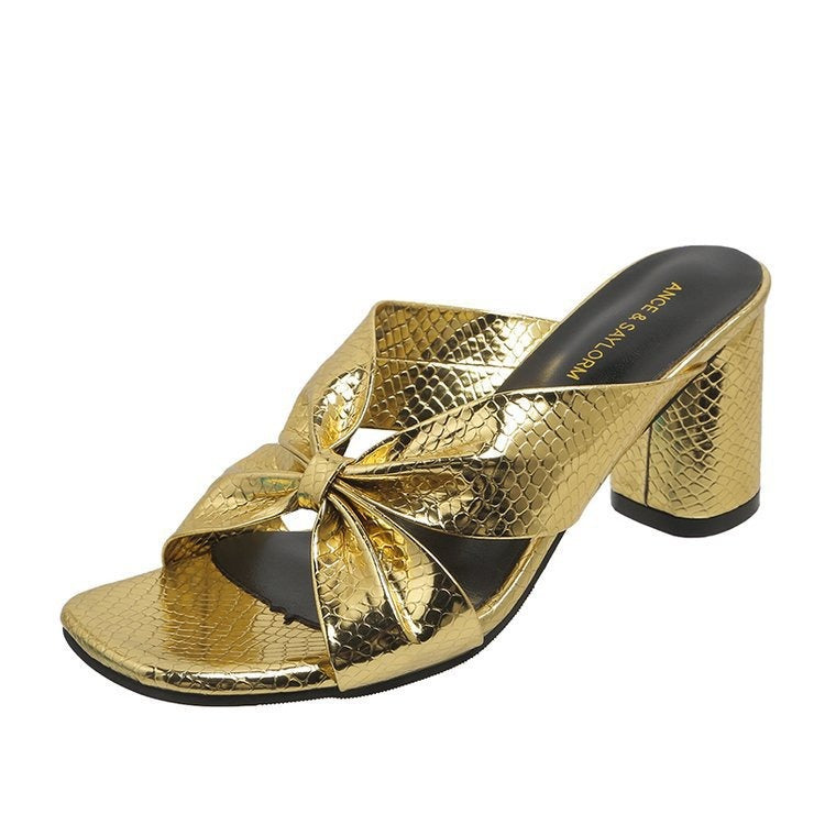 Women's Snake-Embossed Cross-Strap High-Heel Slippers