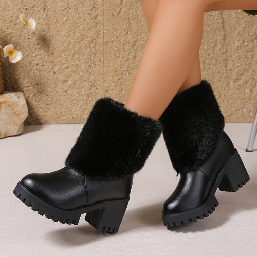 Trendy women's winter boots, high-heeled ankle boots with thick fleece lining, warm cotton boots with a thick, non-slip heel.