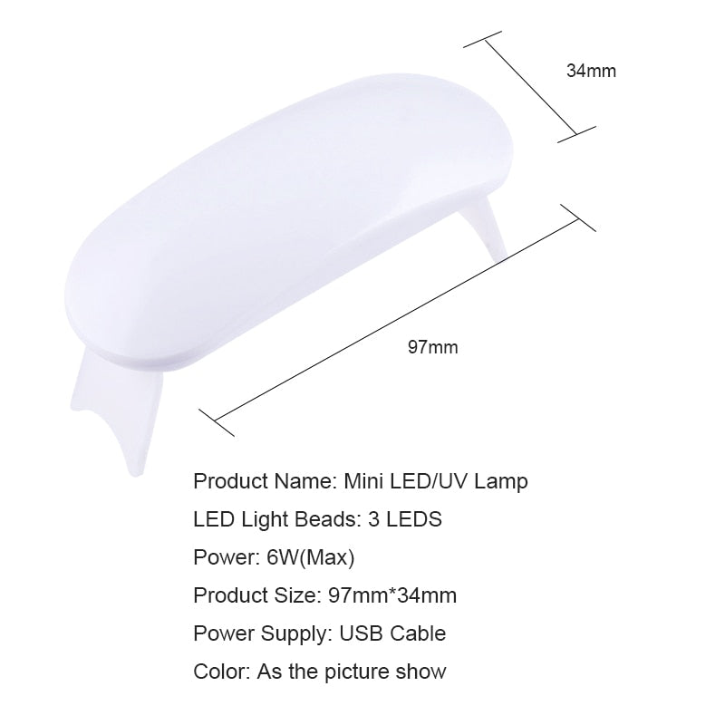 6W White UV LED Nail Dryer, Portable, with Micro USB Cable, for Home Use. UV Gel Polish Dryer, 3 LEDs, Nail Art Tools.