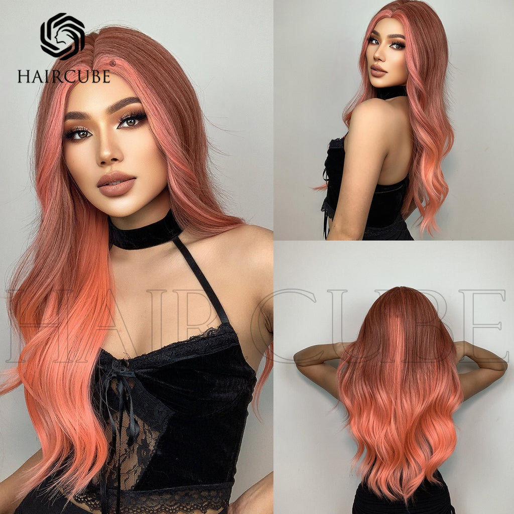 Perruque longue et bouclée de 61 cm (24 pouces) pour femme, raie au milieu, orange et rose.