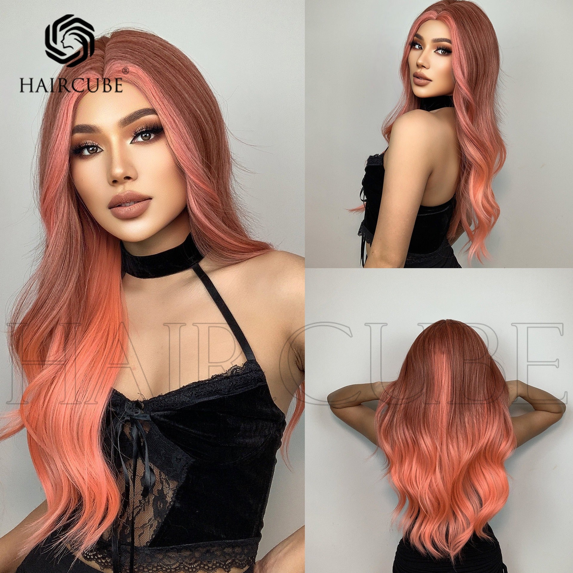 Perruque longue et bouclée de 61 cm (24 pouces) pour femme, raie au milieu, orange et rose.
