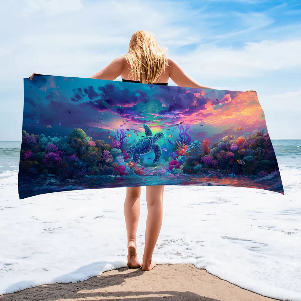 Serviette de plage en microfibre ultra-fine à motif de tortue marine – Serviette de bain double face à séchage rapide – Tapis de plage anti-sable