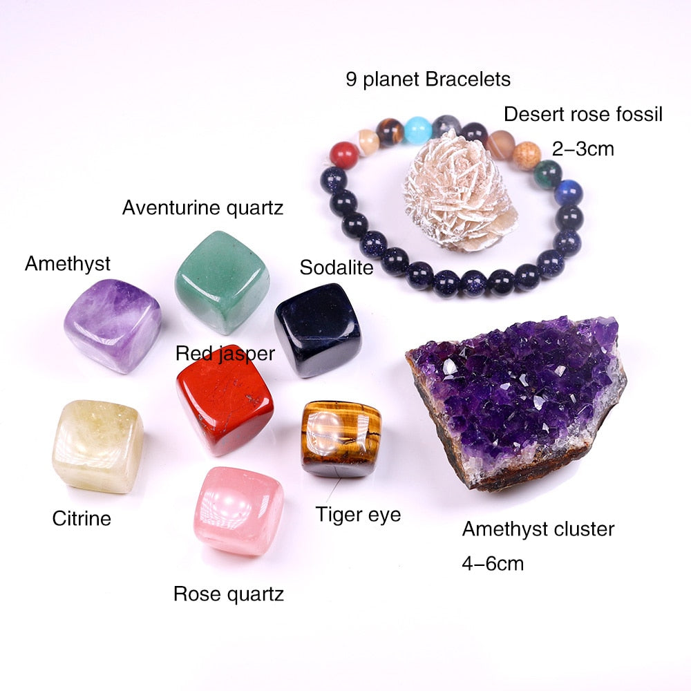 Colección de especímenes de cuarzo cristal natural, piedra preciosa curativa de los siete chakras, en caja.