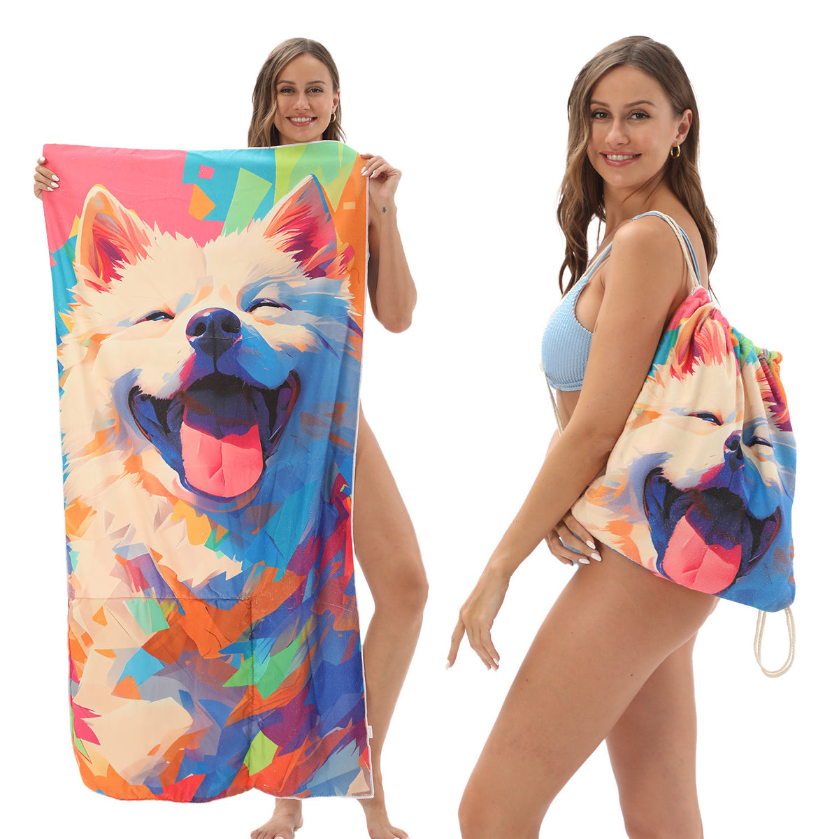 Serviette de plage pliable 2-en-1 et serviette de bain imprimée – Serviette de plage tout-en-un avec sac de rangement