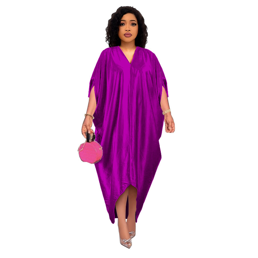 Robe grande taille pour femme, style africain, couleur unie et col en V (collection printemps)