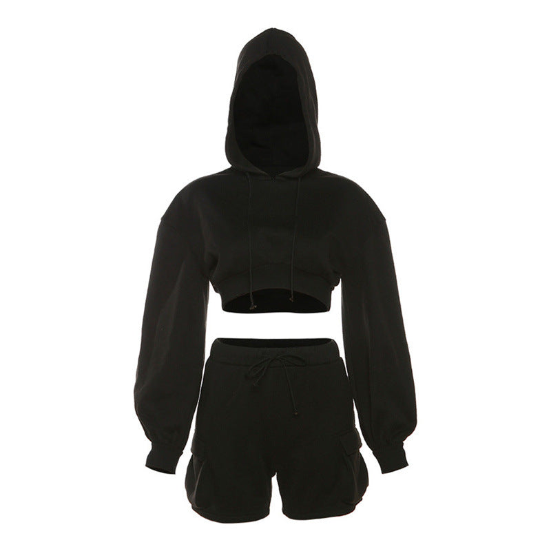 Ensemble short et haut à capuche taille haute coupe slim, couleur unie, style sport et décontracté pour femme