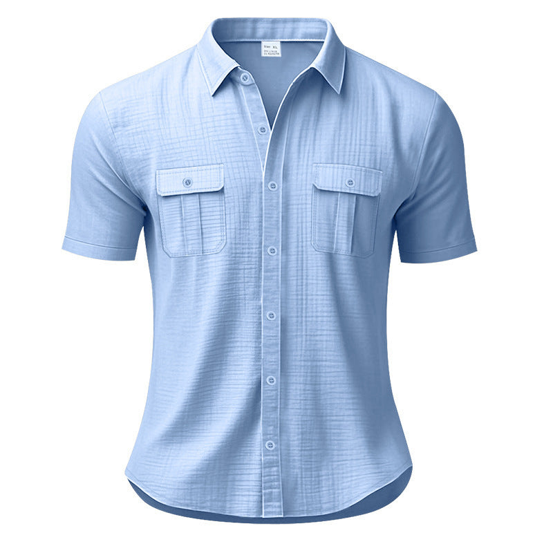 Men's short-sleeve casual linen shirt, solid color, patch pocket, button-down, loose fit, turn-down collar