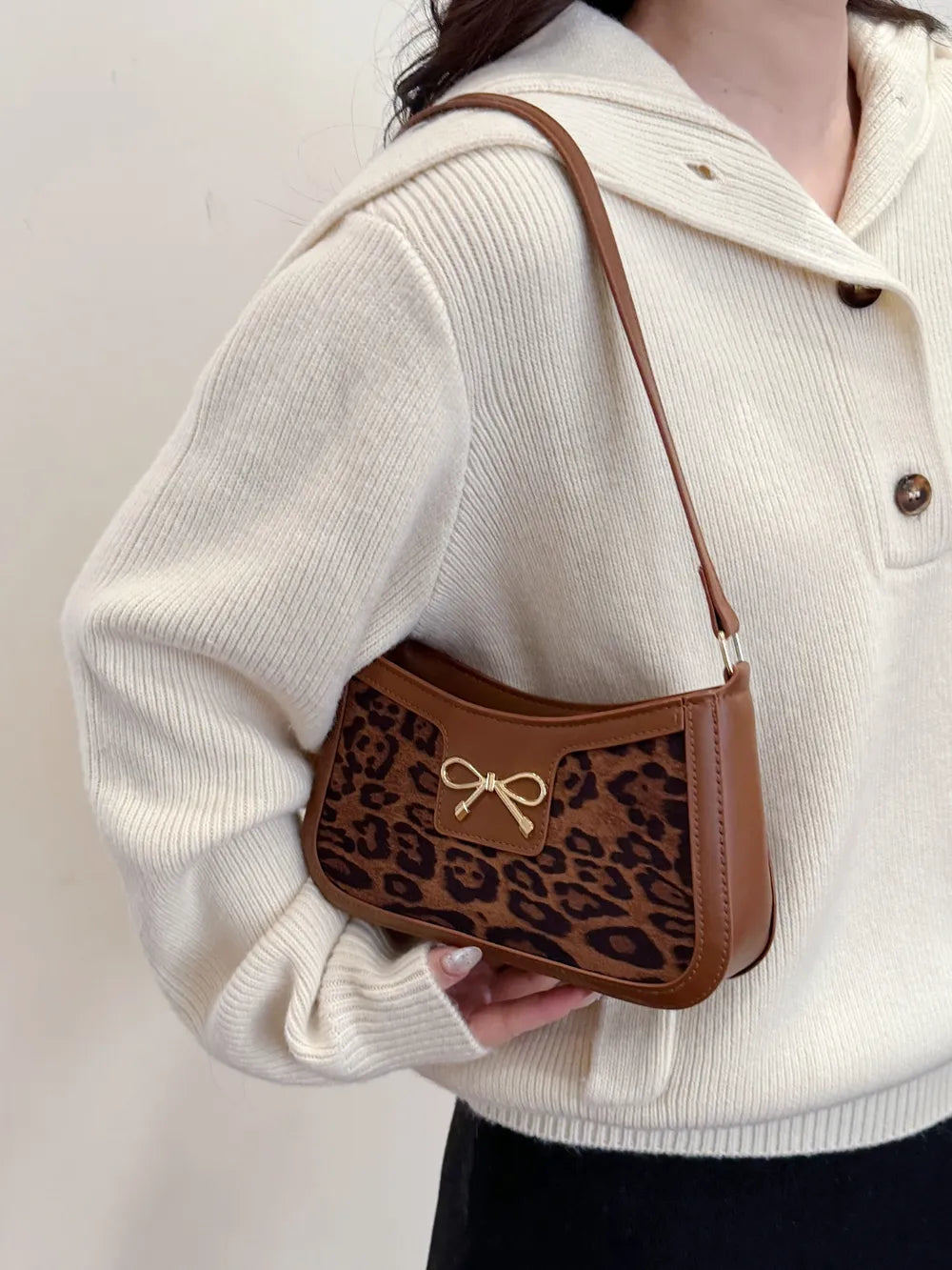 Leopard PU Leather Bow Handbag