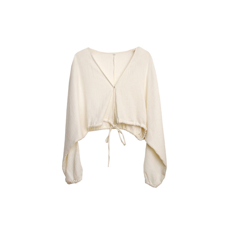Ensemble de sport en coton pour femme : haut à col en V avec lien à nouer et short ample taille haute (ensemble deux pièces)